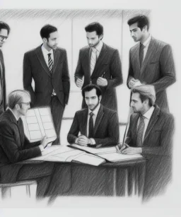 Pencil sketch of Four doctors are discussing ، on lined paper