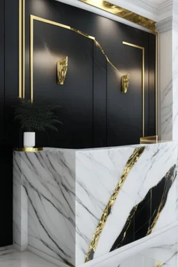 Black reception desk with white marble wall veined with gold