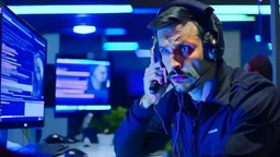 calm male cop dispatcher confused by evil hacker virus in the phone