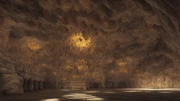 This cave chamber has been enlarged and reshaped from its original form. The floor and three of the walls are smooth, and stalactites and stalagmites have been polished into gleaming columns. Every surface glistens with moisture, and the air is warm and humid. The flat walls of the chamber are decorated with shallow abstract carvings of dragons.