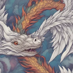 a colorful dragon with curly white fur, smokey breath, claws