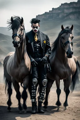 full figure hi tech colombian cyber punk mafia on sicilia with some joker wild horses