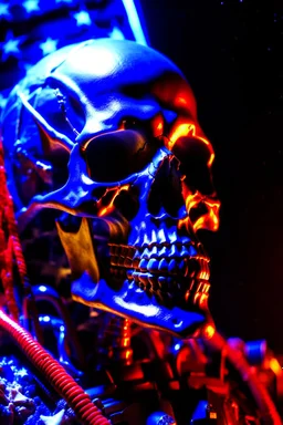 A close up of a skeleton face looking at the camera from a mysterious side view. Deep bony features and inside the hollow eyes are red shining lights, scary. Dressed in an astronaut suit floating in space. On his suit is an American flag and in his one hand is a small wavering American hand flag. From the back of his suit is blowing out blue, white and red smoke. Realistic, 8k, highly detailed, funny