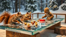 ice bear squirrel raccoons squids playing mini golf nuts hockey on super long glass table with high glass rims on ceres