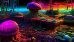 cyberpunk, High-resolution micrographs showcasing the mercury-induced deterioration of oysters and sea urchins, their cellular structures visibly breaking down. Panoramic shots of a landscape scarred by hazardous industrial waste, poisoning the soil and groundwater. Detailed neurological renderings depicting the long-term effects of abuse on the human brain., vaporwave, neon colors, science fiction, detailed scene