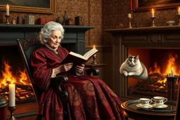 create an elegant old English parlor scene, noble elderly woman in richly detailed 1800s gown, seated by a roaring fireplace in a rocking chair, reading as a fluffy Persian cat with glowing green eyes rests on her lap, candlelight flickering, antique wallpaper, teacup and porcelain tray nearby --ar 3:2 --v 7 --style raw