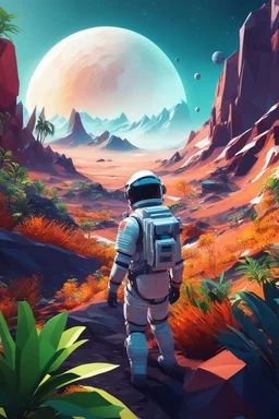 (((close midshot))), (((low poly art:2))), (astronaut), ultra detailed illustration of an environment on a dangerous:1.2 exotic planet with plants and wild (animals:1.5), (vast open world), astroneer inspired, highest quality, no lines, no outlines candid photography. by Lekrot