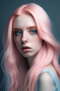 Hyper realistic model with long pastel pink hair and blue eyes