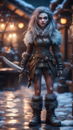 wearable tech, ducks mane,moon, fluffy boots, full figure with metallic stone gauntlets holding dark jagged dagger, standing on frozen wet tiled floor outside fantasy tavern, focused female brownie vampire gnome from worms armageddon wearing makeup, bokeh like f/0.8, tilt-shift lens 8k, high detail, smooth render, down-light, unreal engine, prize winning