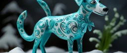 A cyan winter tundra with falling snowflakes designed in Oaxacan alebrijes painted by Salvador Dali