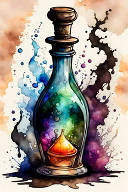 magical potion bottle in the art style of Wayne Reynolds, ink wash and watercolor, 8k, ArtStation, DeviantArt