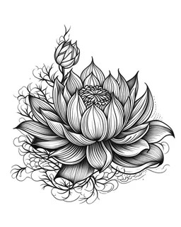 realistic lotus flower tattoo idea, line art, background, vector, svg, black outline on white background, leave plenty of white space beetween lines for coloring, tattoo style, tattoo idea,full body, minimalist