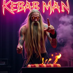 a very thin swedish viking man, evil with very long blonde hair (2 meter), (fat glowing eyes), he is called "KEBAB MAN" performing at death metal club, his name is "KEBAB MAN" kebab rolls On stage, kebab Neon lights and smog, and "KEBAB MAN" big sign on the wall, kebab tribal tattooes, spinning kebab machines, flames and smoke, chaos, he using gasolin and pour it on the kebab on the stage, pointing middle finger
