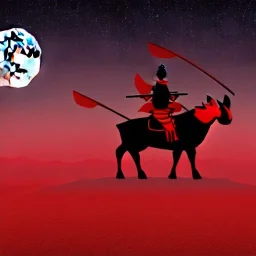 red samurai riding a red rhino, full moon background