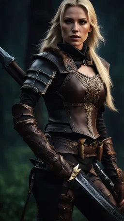 blonde female hunter wearing leather half armour dark fantasy Realistic 4k