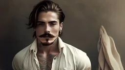 a guy with brown hair, he has a mustach, tattoos, linen clothes. he's cool but stylish