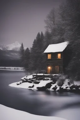 old cabin in a snow storm at night by a lake