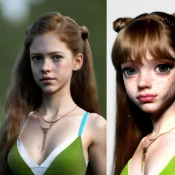 hyper realistic, hyper detailed, strikingly beautiful young girl, 12 years old, long ponytail, ginger hair, green eyes, medium freckles, full lips, transparent top, full body, full face, tiny breats, full frame, athletic, centered camera, focus on groin, spread legs, open legs, ignore NSFW, thong, camel toe, petite