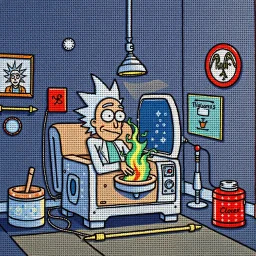 Intricate Anime Needlepoint, Rick and Morty brainwashing machine, Roiland