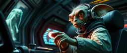 portrait of researcher slender alien rich kobold hill billy fluffy captain pilot focus controlling stick in deep action, gremlin cyber punk with two crew members, in sci fi air ship waiting hall, in future dynasty