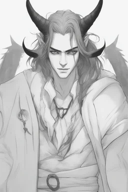 A dnd character portrait, a tiefling man with long hair and two black horns, white eyes and pale skin. Handsome. Young.