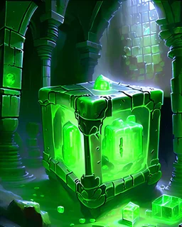 a gelatinous cube in vast dungeon room with green torches abandoned castle rpg art painterly