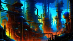 a stunning medium illustration of a futuristic (steampunk cyberpunk) cityscape, towering (mechanical) structures enveloped in billows of (smog and steam) against a vibrant (neon-lit) skyline. The foreground showcases a (mechanical technology) marvel, intricately designed with (gears, pipes, and valves) pulsating with (electric blue) energy. Synonymous with (retro-futurism) aesthetics, this artwork displays a mix of antique and advanced (technology), where (Victorian fashion meets augmented reali