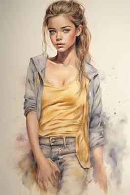 A full body picture of a beautiful 15-year-old Denise Richards, Brown Iris, Graphite, and Watercolor Styles Merged, face, and eyes gleaming with myriad emotions, tales, and secrets. The complexion is not just skin deep but a canvas of memories, experiences, and feelings, painted vividly with bright splashes of dark colors that seem to emerge and meld, representing the myriad facets of one's identity, Vulnerabilities, and Emotions Theme, Jennifer Lopez & Denise Richards & Katrina Law, Surreal dia