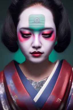 japan head portrait,geisha makeup, meditation, galaxy sky, 8k quality , portrait,beautiful ghost in the shell , post-apocalyptic in a sin city, realistic, intriacte detail, sci-fi fantasy style, volumetric lighting,24mm , particales,highly detailed,cinematic, deep purple , green eyes .