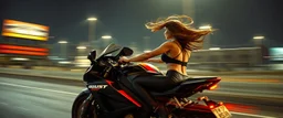 master oil painting by Rembrandt, good afternoon bitch scary hot seductive female riding sports bike with motion blur and smeared lights in the night, stylistic poster, in the style of total recall, huge bugrat in the background with wind blowing in the hair