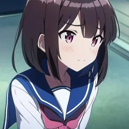 Clear focus, High resolution, A anime teenager, anime screencap, black medium length hair, hair cut in pieces, pink eyes, wearing a sailor uniform, blushing