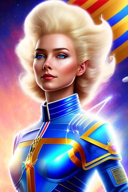 young cosmic woman admiral from the future, one fine whole face, large cosmic forehead, crystalline skin, expressive blue eyes, blue hair, smiling lips, very nice smile, costume pleiadian,rainbow ufo Beautiful tall woman pleiadian Galactic commander, ship, perfect datailed golden galactic suit, high rank, long blond hair, hand whit five perfect detailed finger, amazing big blue eyes, smilling mouth, high drfinition lips, cosmic happiness, bright colors, blue, pink, gold, jewels, realistic, real