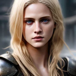 Photorealistic close-up of a beautiful blonde warrior with dystopian clothes and background