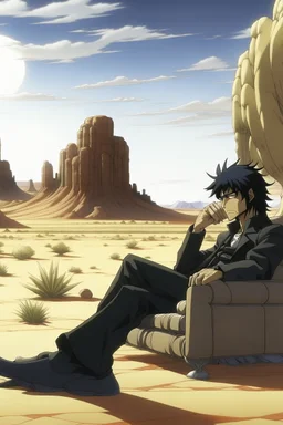 Nicholas Wolfwood Trigun is sitting on a couch in the middle of the desert