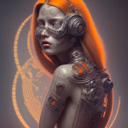 A beautiful portrait of a cute cyberpunk woman happy with lot's of grain and irregularities on her skin, alphonse mucha and Hans Ruedi Giger style, tribal tatoos, orange color scheme, high key lighting, volumetric light high details with white stripes and feathers full length clean art NFT, soft lighting, soft pastel gradients, high definition, blender 3d cinematic, op art, visionary art, sacred geometry, fractal, white balanced,