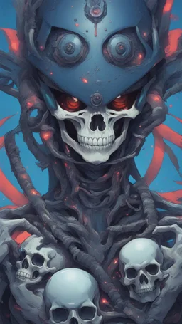 a close up of a person with a skull on their head, blue and black colors, anime skull portrait man, scary detailed art in color, hiroyuki-mitsume takahashi, nychos art aesthetic, half man half skeleton, anime cyberpunk art, colored manga art, rossdraws pastel vibrant, hot colors. insanely detailed, beautiful anime portrait, stunning anime face portrait, scary art in color