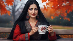 Hyper Realistic Photographic Close Face Shot Of A Beautiful Pashto Woman With Beautiful Black Hair Wearing A Black With Silver Red Embroidery Dress And Black Dupatta, Happily Sitting On A Bench Holding A Mug Of Hot Tea With Smoke Coming Out From Mug Enjoying Beautiful Full Moon In A Beautiful Garden With Orange Dry Leaves Falling From Trees In Autumn Season At Cloudy Night With Fireflies Around Her Showing Dramatic And Cinematic Ambiance.