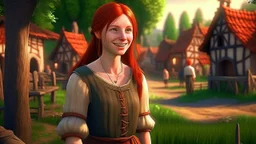 A photorealistic image of a red-haired, slender fantasy woman, winking and smiling, standing in a village common, surrounded by many thatched cottages and shops, under a large tree, early in the morning.