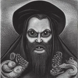 Vampire with yellow eyes with fleshy tentacle beard grey skin and fangs and vampire bat nose as a Russian Orthodox