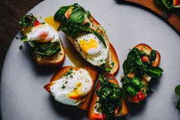 Bruschetta with chard, spinach, poached egg and dukkah plate, on table outside, using the Sony Alpha A7R IV, food photograpy style, macro lens, close up shot 50mm f/ 1.4