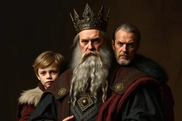 Portrait of Grima Wormtongue and his son standing behind the king.