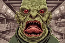 Digital illustration of a (((Vogon))), characterized by green skin, red eyes, and a large nose with rotten teeth. Art style inspired by surrealism and grotesque aesthetics. Background: bureaucratic setting. Use a fish-eye lens for a distorted perspective. Influenced by artists on Dribble and Deviantart. High-resolution image emphasizing the absurd and repulsive nature.Alchemy v2 dynamicLeonardo Diffusion XL