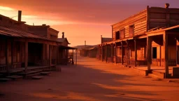 Una ciudad fantasma del oeste americano con edificios de madera abandonados y polvo, al atardecer, en estilo que evoca el western cinematográfico, composición en perspectiva con la calle principal como eje, iluminada por una luz rasante que alarga las sombras y tiñe todo de naranja, paleta de tierras, ocres, marrones y cielos violáceos, generando una atmósfera de abandono, leyenda y fin de ciclo.