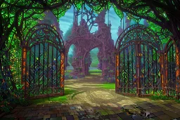 open iron gates made of colorful stained glass, covered in vines, trees, very large entry leading to a lush garden, see lot details in the garden, photo realistic 4k, nature, beautiful hand laid checkered pattern stone walkway path, trending on artstation, sharp focus, studio photo, intricate details, highly detailed, by greg rutkowski