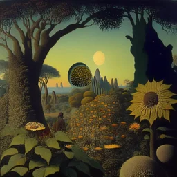 High definition photography of a marvelous landscape, trees, flowers, giant sun, people wearing masks, intricate, rock formations, atmosphere of a Max Ernst painting, Henri Rousseau, thoughtful, interesting, a bit appalling, smooth