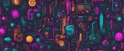pattern with cyberpunk elements max 6 colours, very detailed, most live colors
