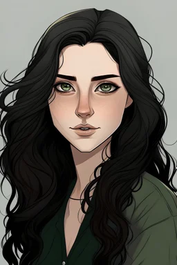 Female Caucasian, hazel green eyes, black long wavy hair,strong features