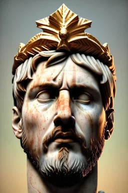 Ultra Realistic image, Roman sculpture, white marble material, Lionel Messi, gold Laurel leaves wreath, renaissance ornaments, one gold star in heart, sun ornament, sun rays background, chisel style, waist up portrait, emperor style, epic, celestial, cinematic lighting, God light, god rays, 4k resolution, smooth details, ornate details, soft lighting, unreal engine 5, art station, substance 3d.