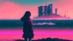 synth-wave beach & city, lone girl, iconic:1.8),
