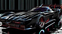 batmobile concept inspired from a 2025 ford mustang dark horse with a large elaborate spoiler and batman symbol style fins, batman symbol in grille, lower wind deflector. red stripes like 1960s adam west batmobile